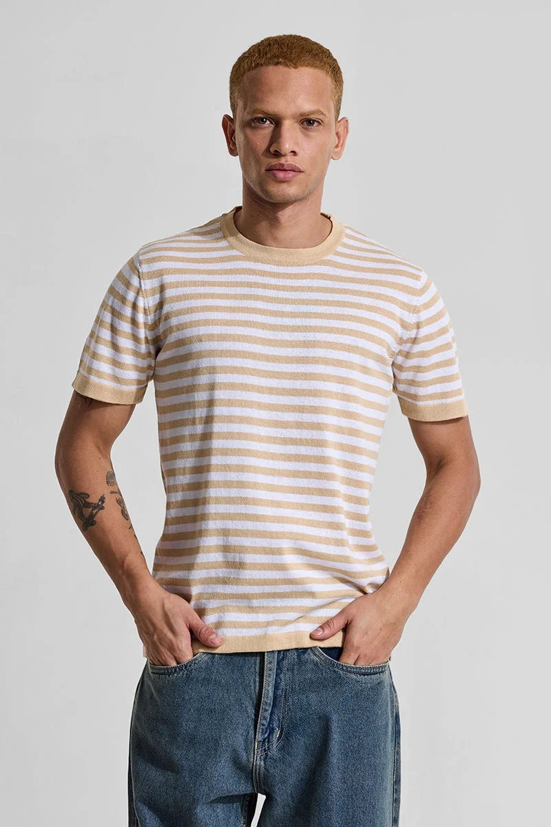SNITCH Beige Stripes Slim Fit T-Shirt